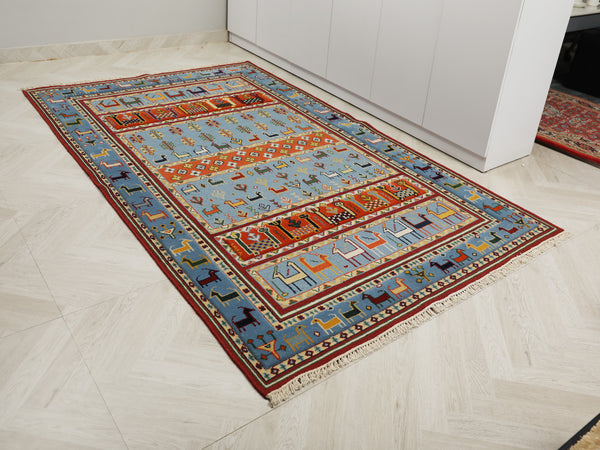 Sumaik Blue & Multi Color Based Gabey Design High Low Hand Knotted Carpet