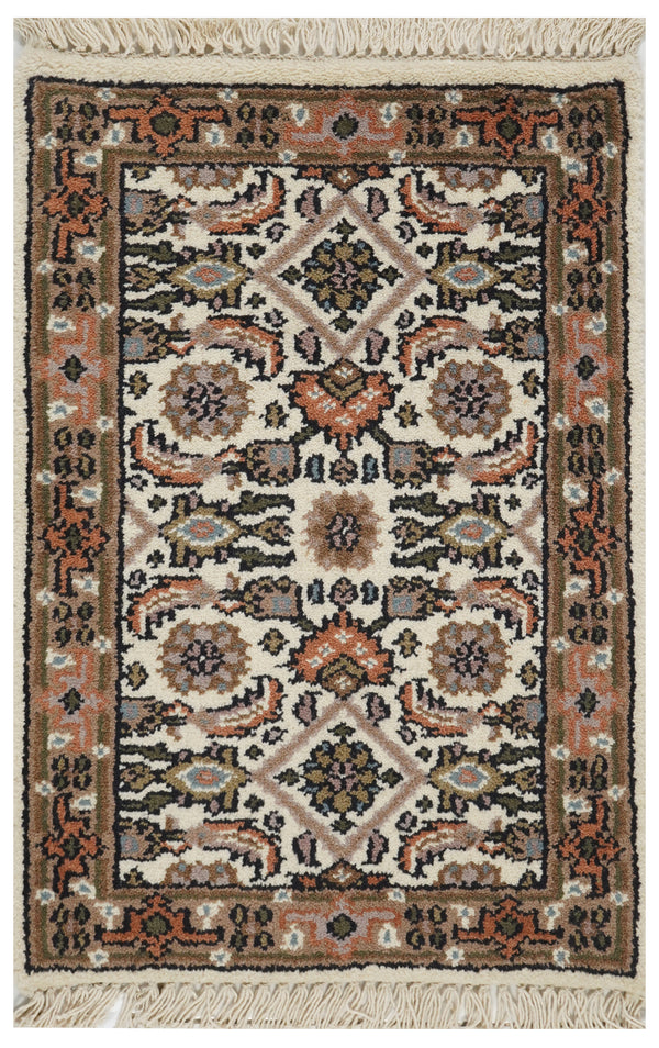 CREAM COLOR BASED TRADITIONAL DESIGN HAND KNOTTED WOOLEN CARPET WITH GRAY BORDER