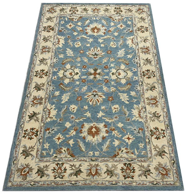 Cream & Light Blue Color Bsed Loop Pile Persian Design Hand Tufted Carpet