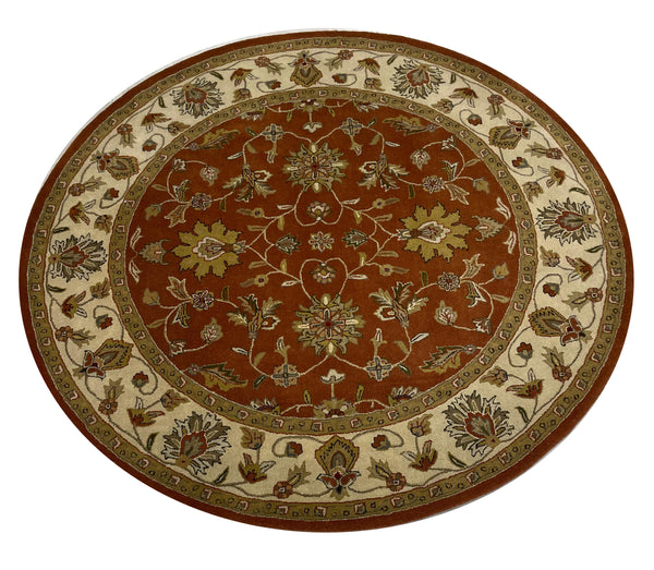 RUST COLOR BASED TRADITIONAL DESIGN HAND TUFTED WOOLEN CUT PILE ROUND CARPET WITH BORDER